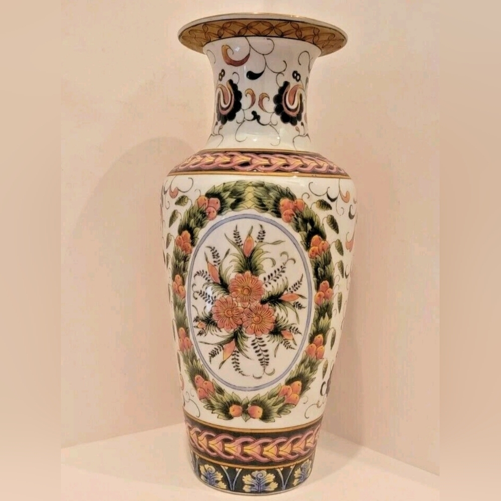 Oriental Accent White w/ Classical Floral Decor 13.5" Ceramic Vase